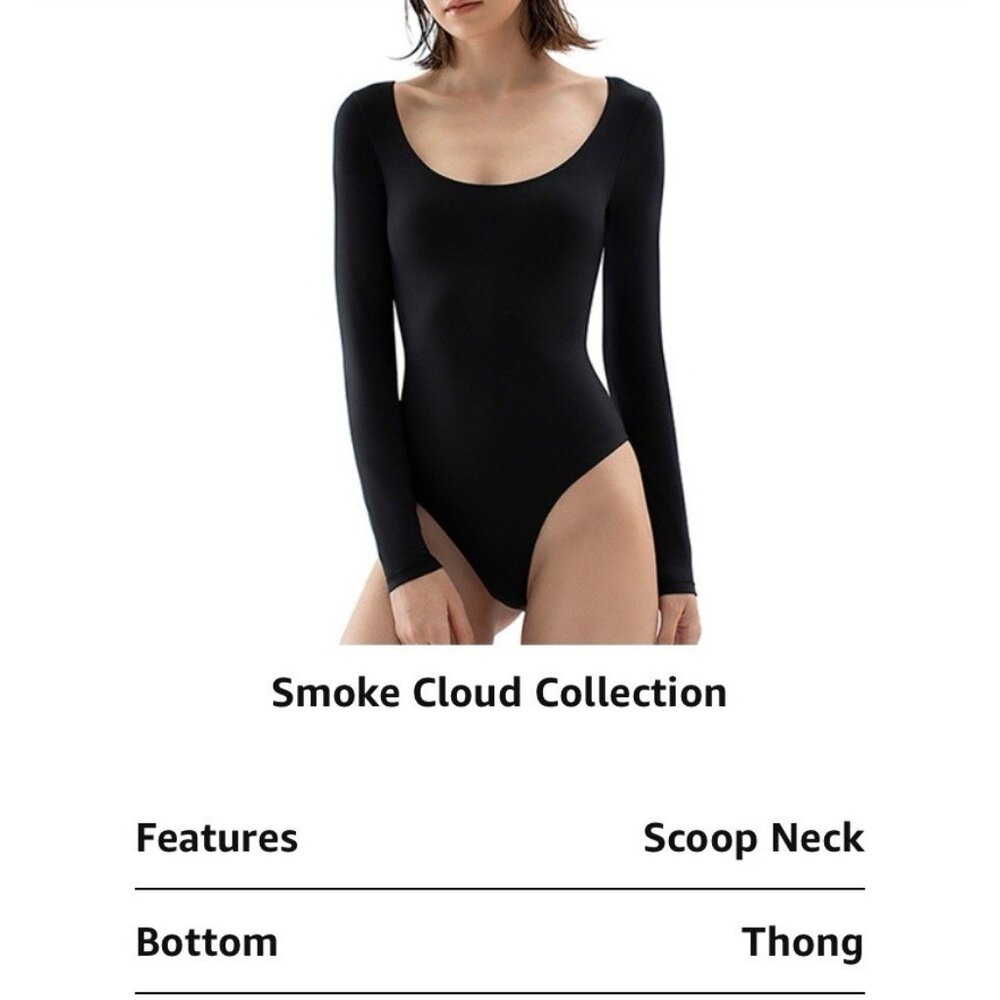 NWT Pumiey Scoop Neck Long Sleeve Bodysuit Sexy Tops Thong Bottom Black Size L - Picture 3 of 6